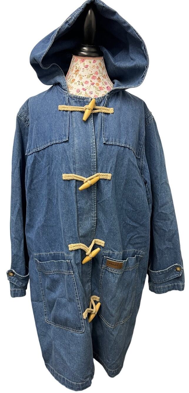 🧥 Denim & Co. 1X Vintage Denim Toggle Coat – Hooded 90s Utility Jacket